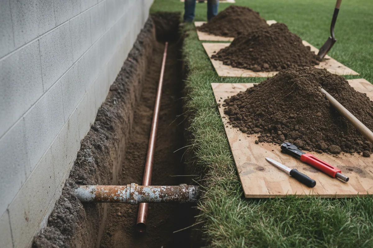 Excavated water line trench during Water Heater Repair in Laceys Spring